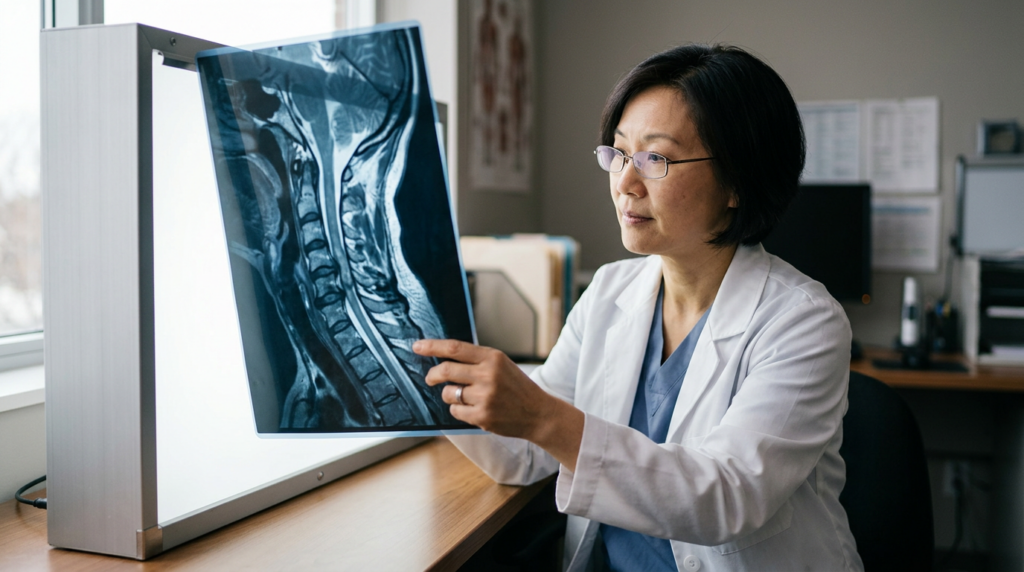 Neurosurgeon examining a cervical-spine MRI showing a spinal cord injury.