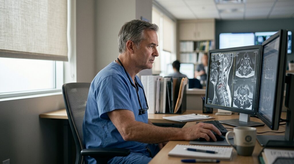 Neurosurgeon examining a cervical-spine MRI showing a spinal cord injury.