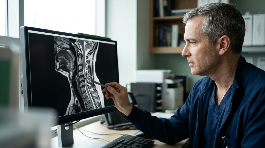 Neurosurgeon examining a cervical-spine MRI showing a spinal cord injury.
