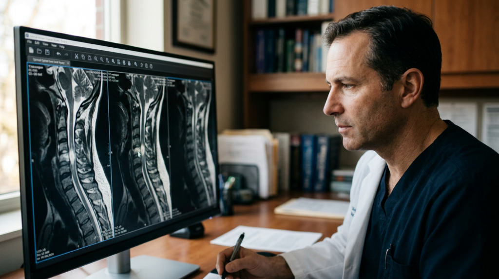 Neurosurgeon examining a cervical-spine MRI showing a spinal cord injury.