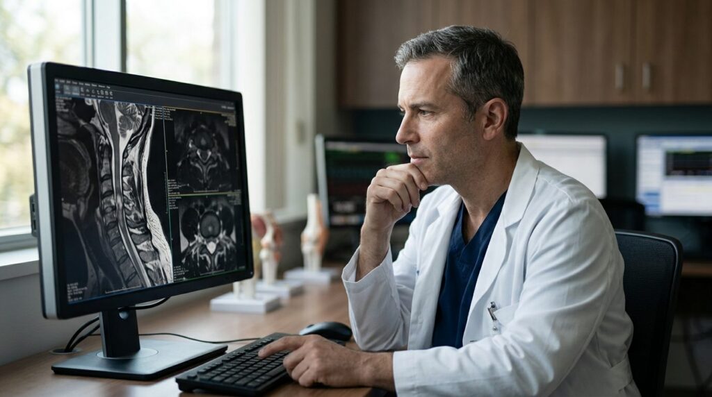 Neurosurgeon examining a cervical-spine MRI showing a spinal cord injury.