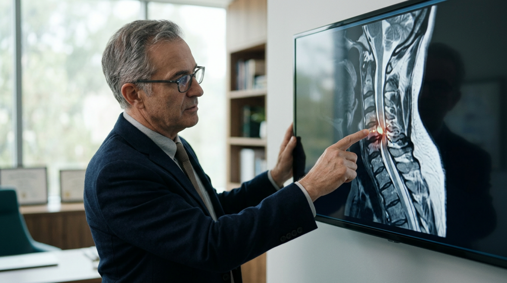 Neurosurgeon examining a cervical-spine MRI showing a spinal cord injury.