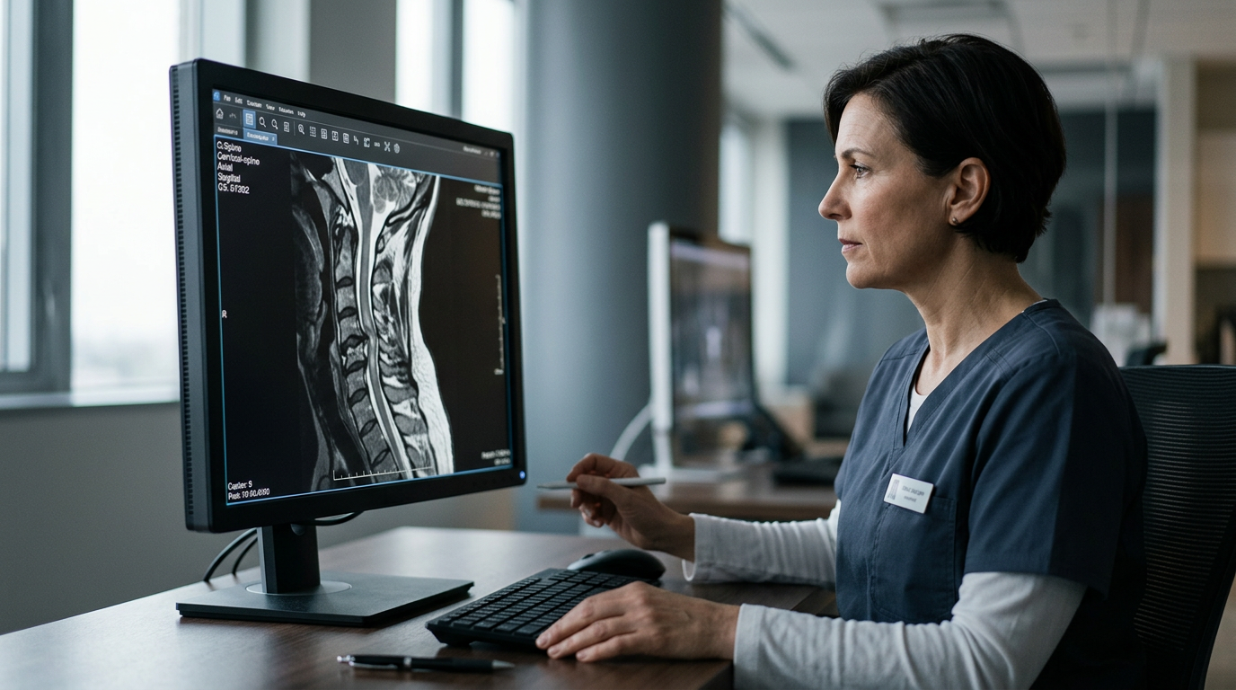 Neurosurgeon examining a cervical-spine MRI showing a spinal cord injury.
