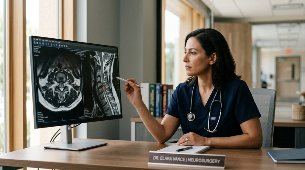 Neurosurgeon examining a cervical-spine MRI showing a spinal cord injury.