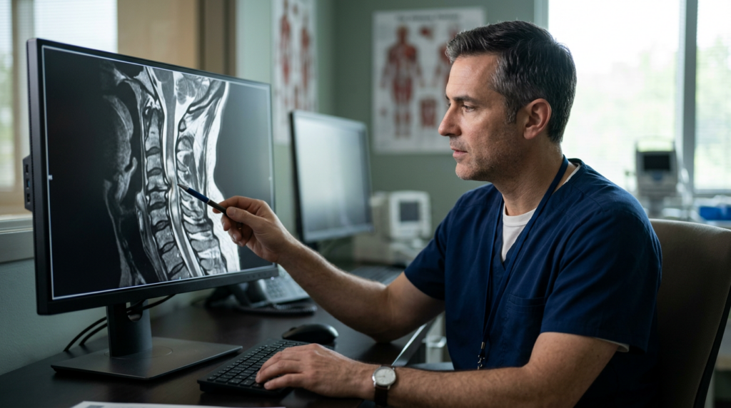 Neurosurgeon examining a cervical-spine MRI showing a spinal cord injury.