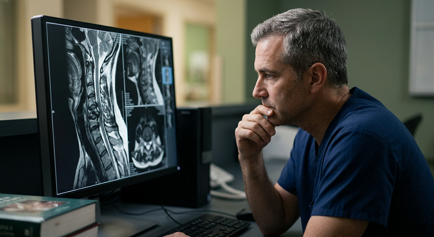 Neurosurgeon examining a cervical-spine MRI showing a spinal cord injury.