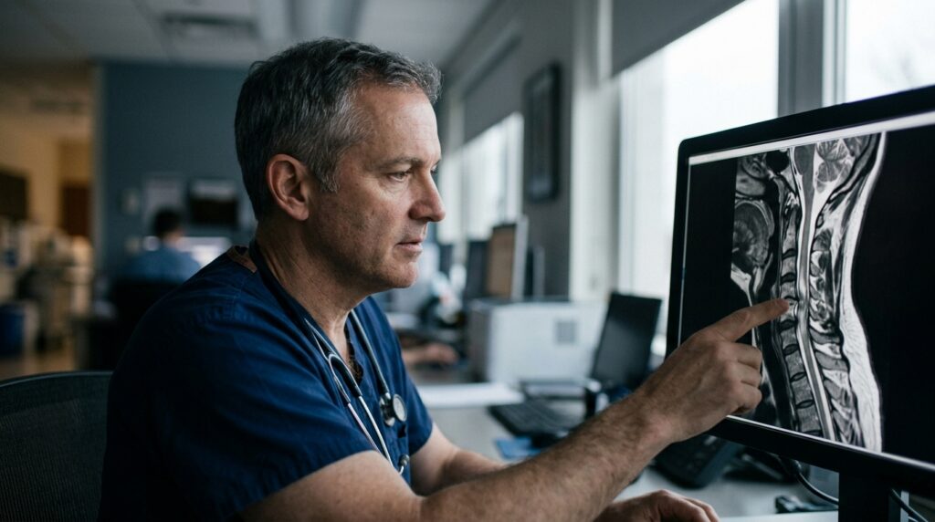 Neurosurgeon examining a cervical-spine MRI showing a spinal cord injury.