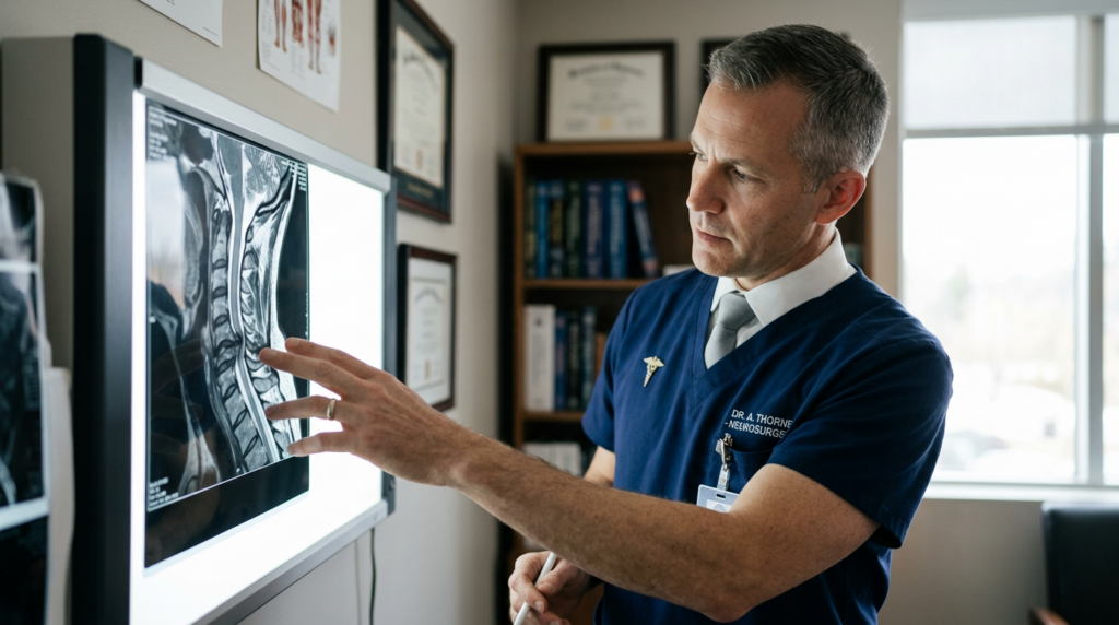 Neurosurgeon examining a cervical-spine MRI showing a spinal cord injury.