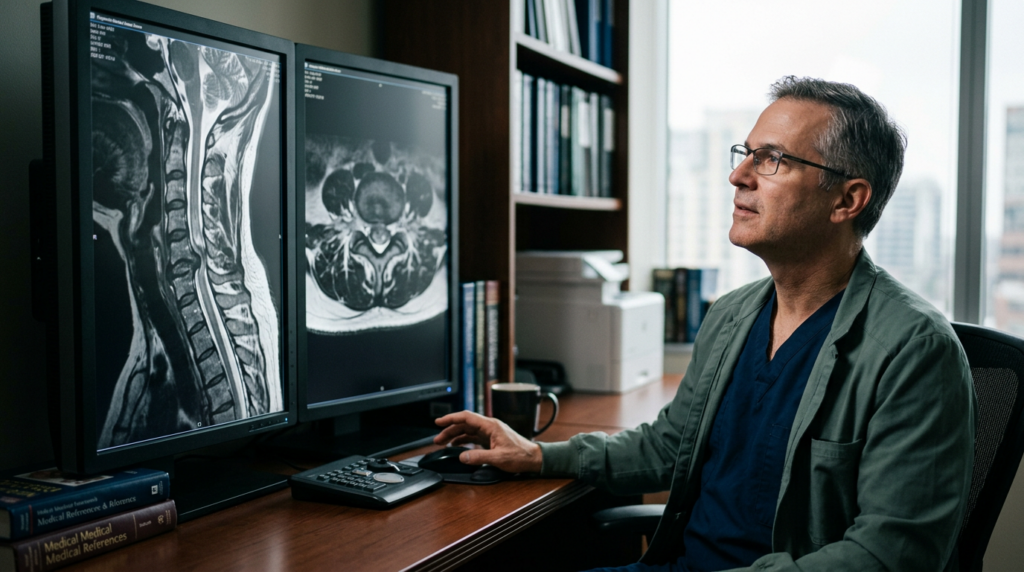 Neurosurgeon examining a cervical-spine MRI showing a spinal cord injury.