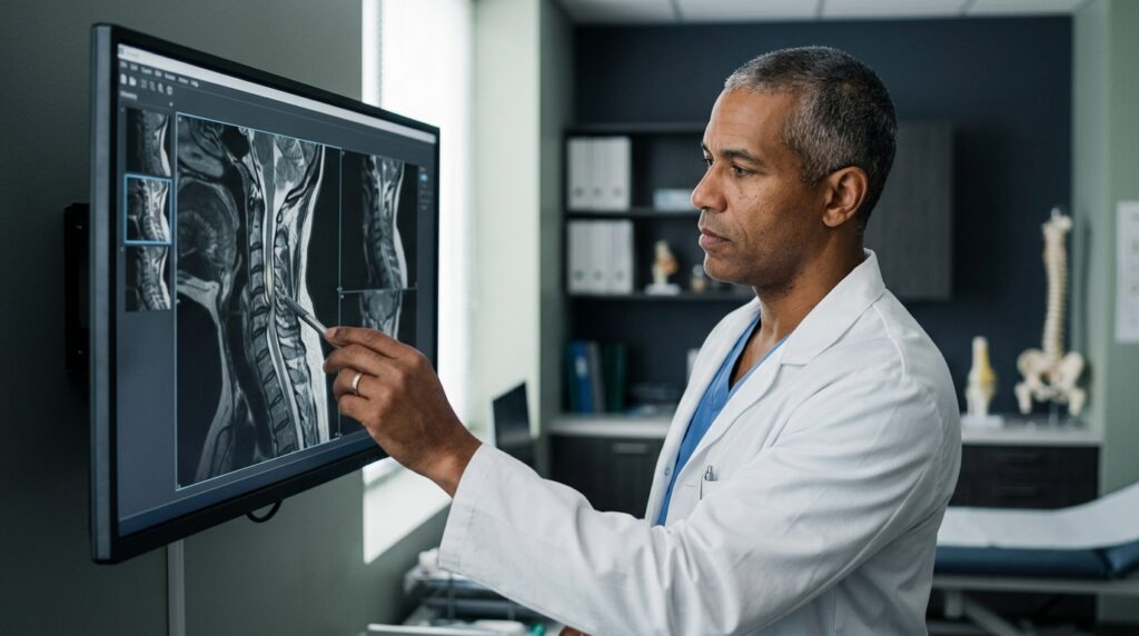 Neurosurgeon examining a cervical-spine MRI showing a spinal cord injury.