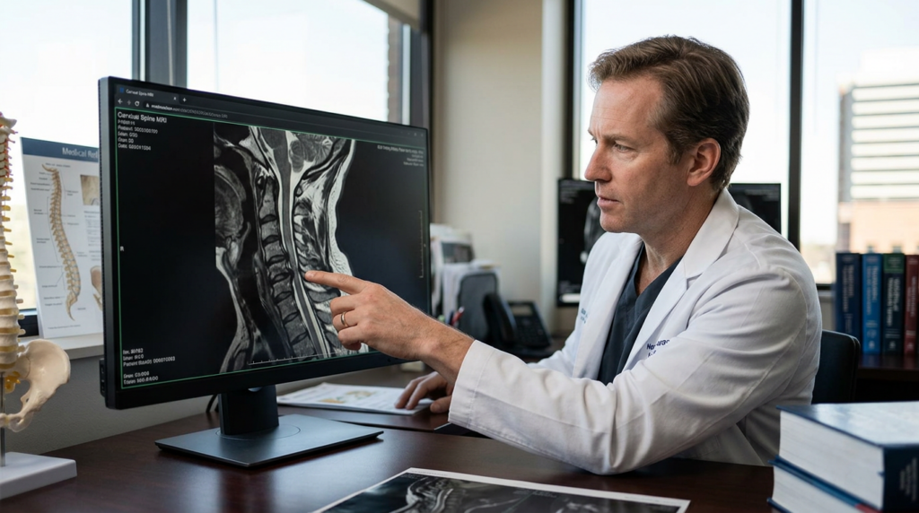 Neurosurgeon examining a cervical-spine MRI showing a spinal cord injury.