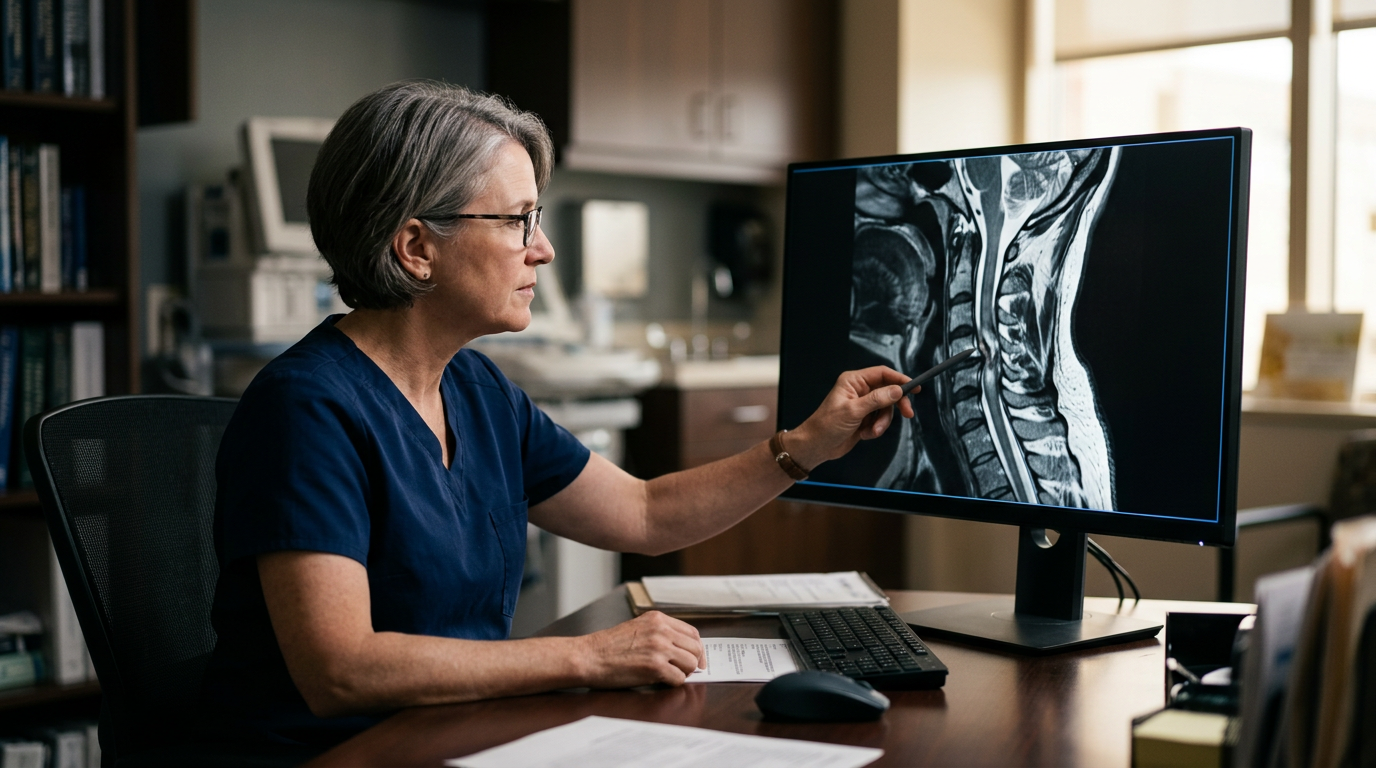 Neurosurgeon examining a cervical-spine MRI showing a spinal cord injury.
