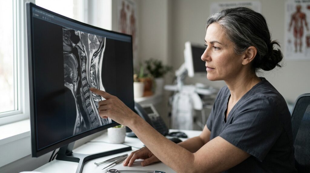 Neurosurgeon examining a cervical-spine MRI showing a spinal cord injury.