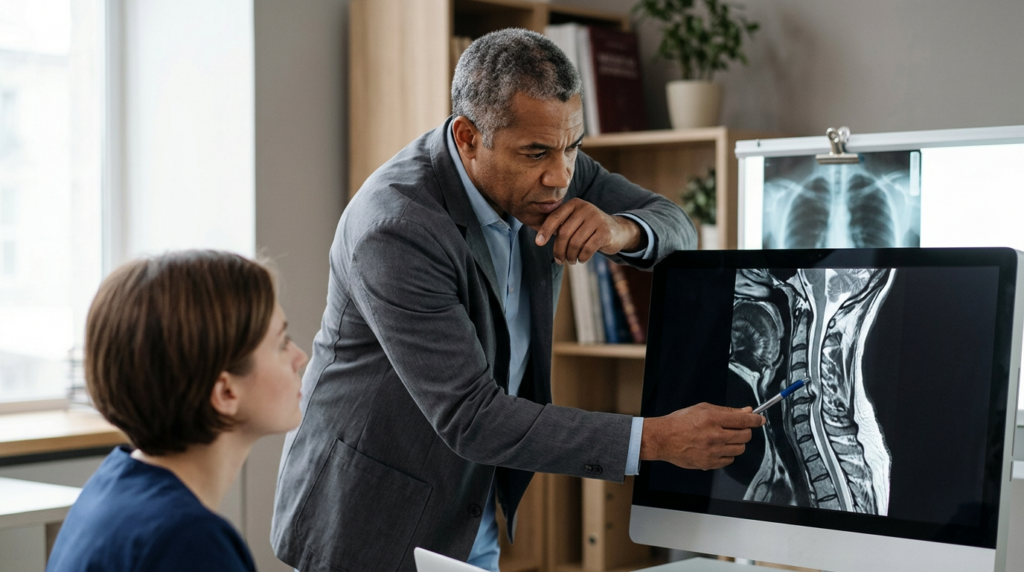 Neurosurgeon examining a cervical-spine MRI showing a spinal cord injury.