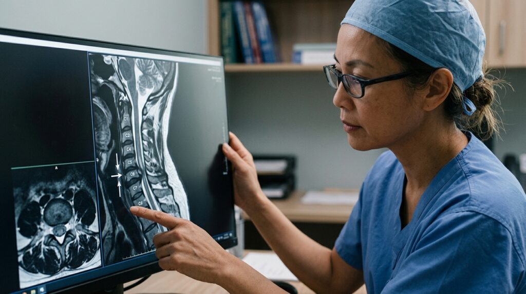 Neurosurgeon examining a cervical-spine MRI showing a spinal cord injury.