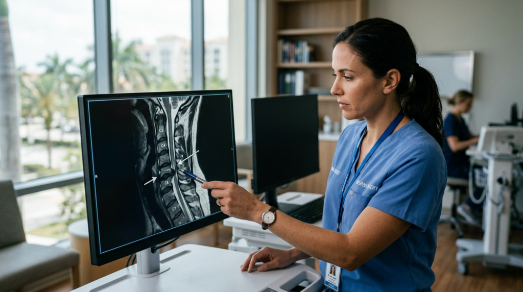 Neurosurgeon examining a cervical-spine MRI showing a spinal cord injury.