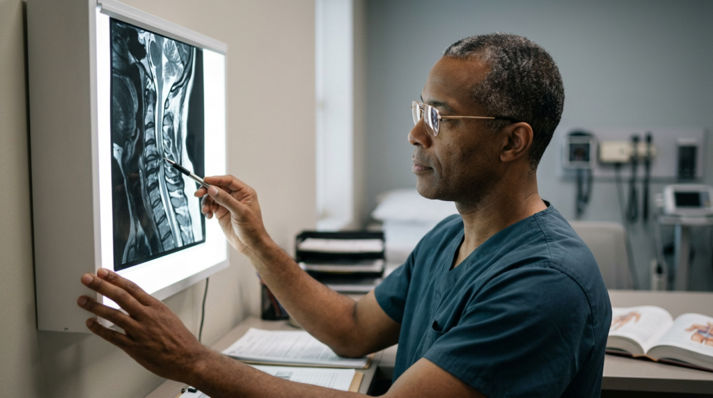 Neurosurgeon examining a cervical-spine MRI showing a spinal cord injury.