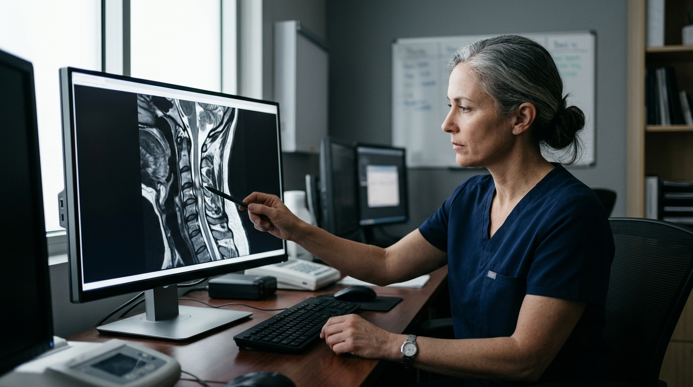 Neurosurgeon examining a cervical-spine MRI showing a spinal cord injury.