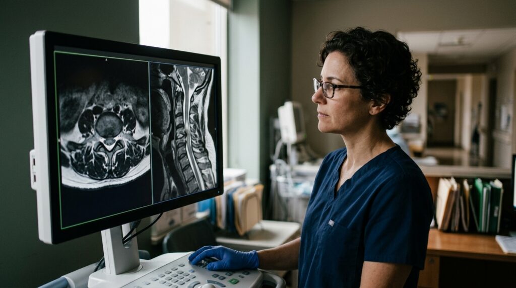 Neurosurgeon examining a cervical-spine MRI showing a vertebral fracture and spinal cord injury.