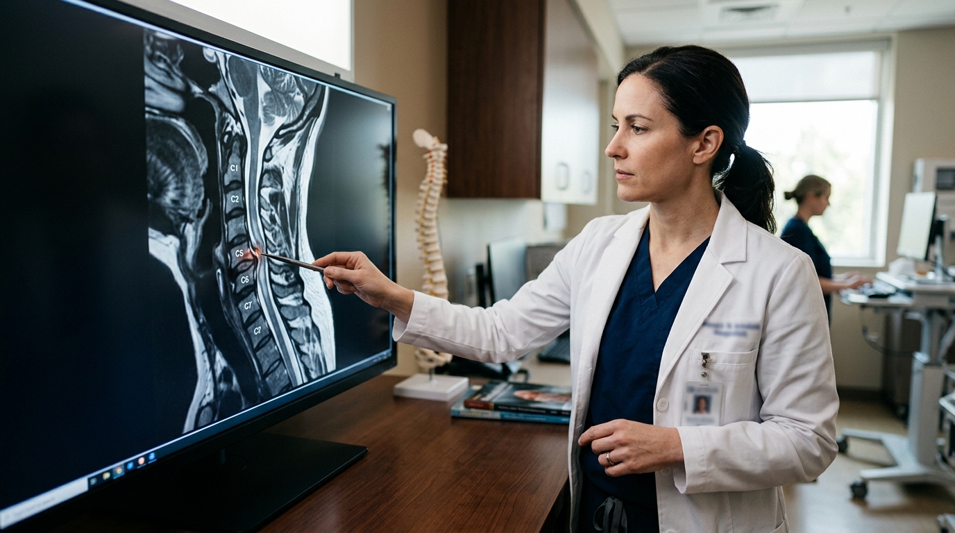 Neurosurgeon examining a cervical-spine MRI showing spinal cord injury.