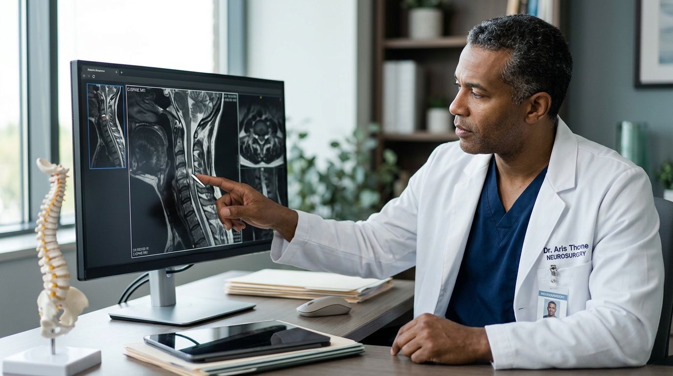 Neurosurgeon examining a cervical-spine MRI showing spinal cord injury.