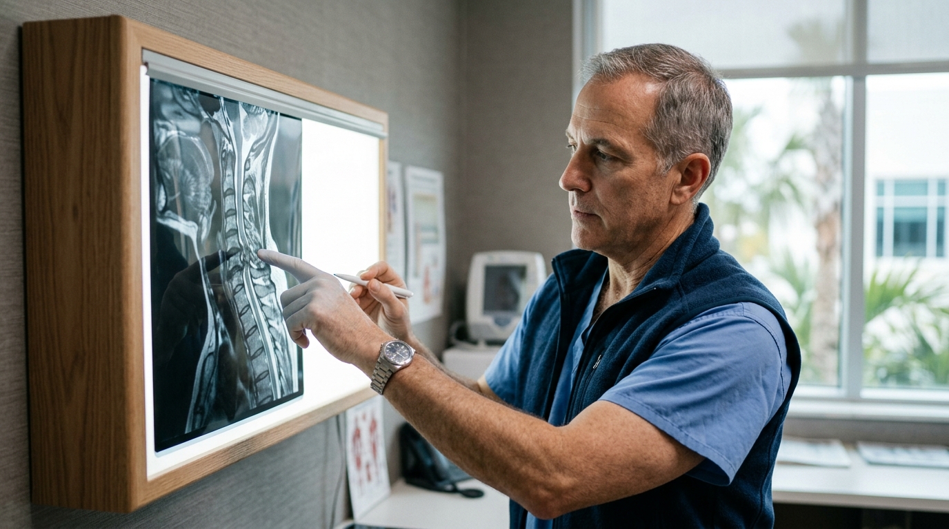 Neurosurgeon examining a cervical-spine MRI showing spinal cord injury.