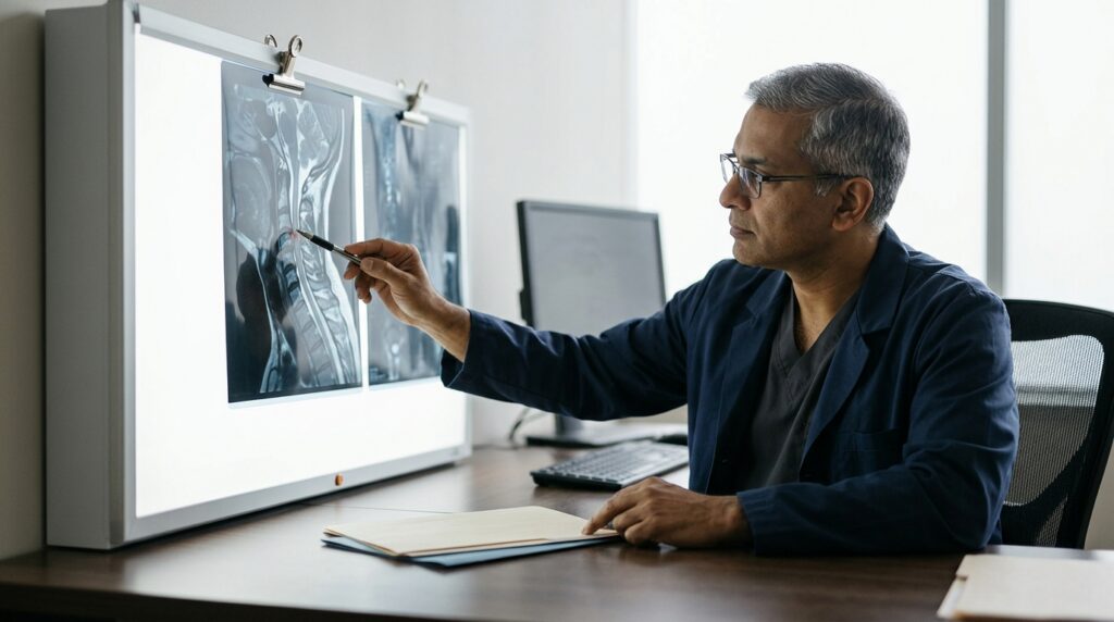 Neurosurgeon examining a cervical-spine MRI showing spinal cord injury.