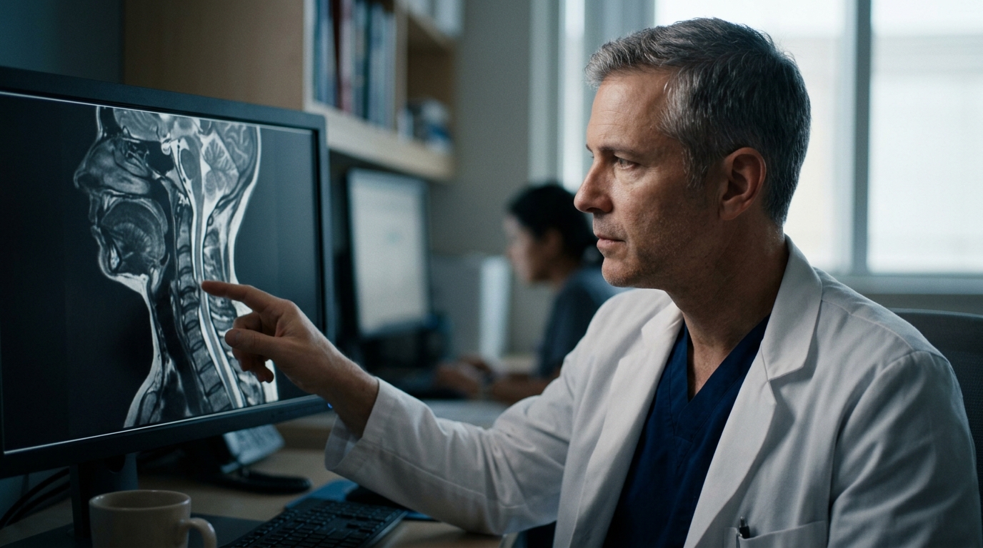 Neurosurgeon examining a cervical-spine MRI showing spinal cord injury on a monitor.