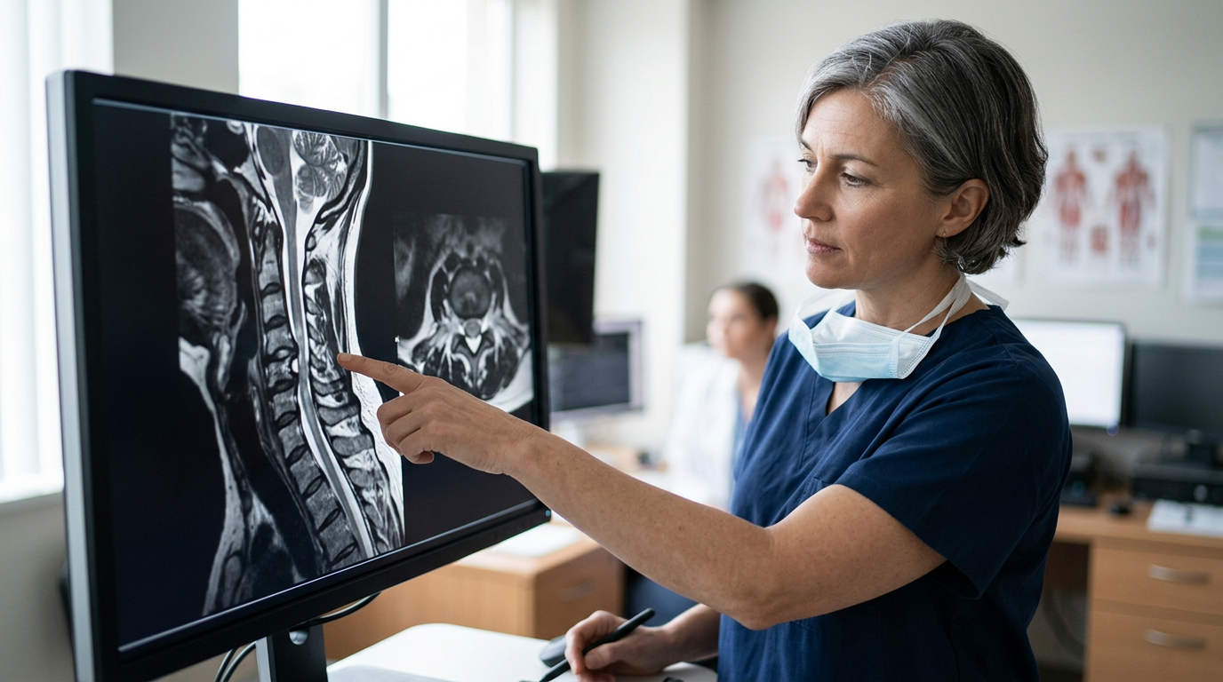 Neurosurgeon examining a cervical-spine MRI showing spinal cord injury.