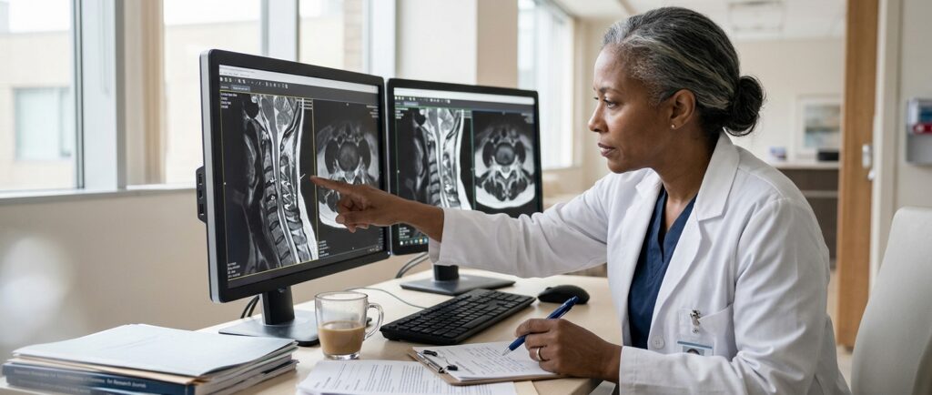Neurosurgeon examining a spinal MRI scan on a monitor showing cord injury.