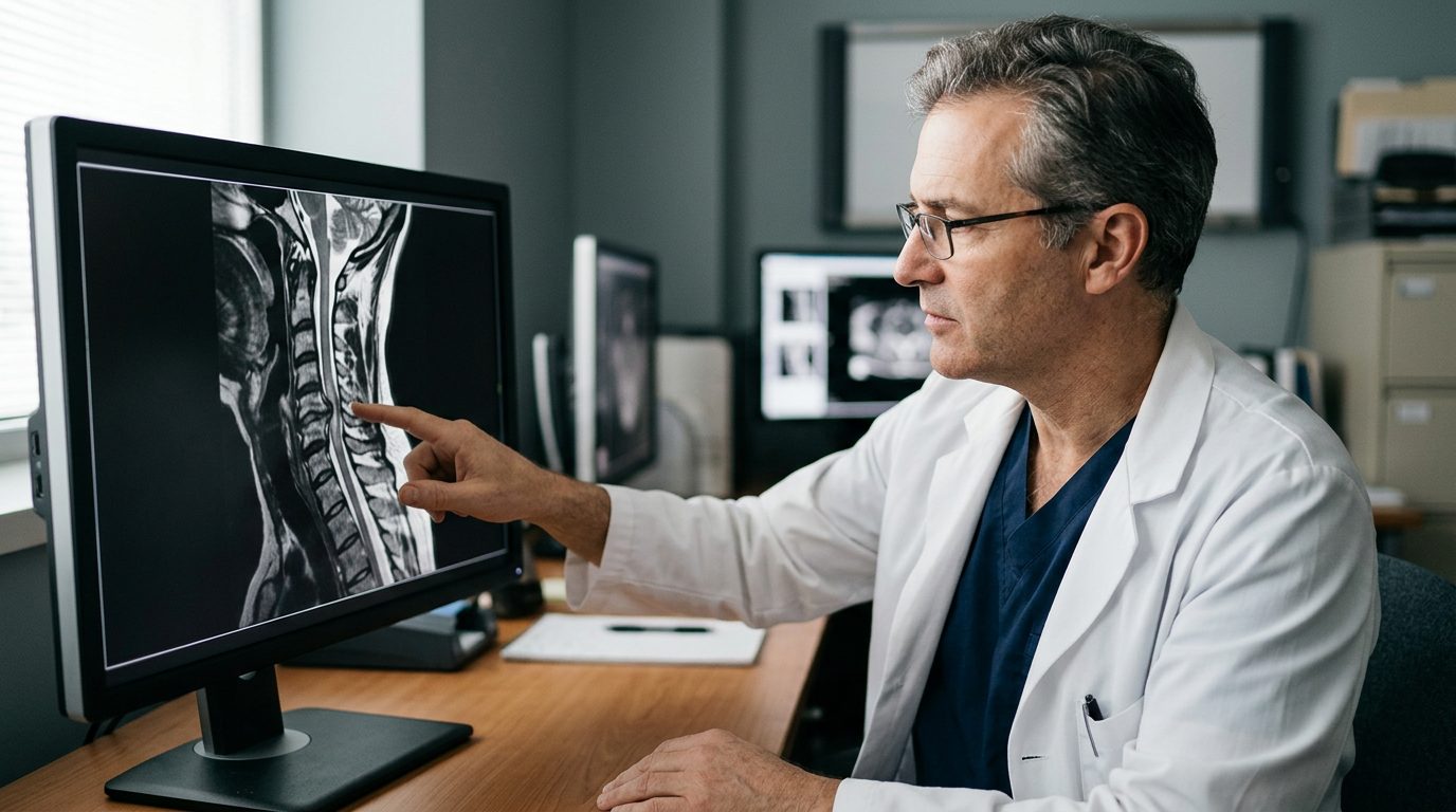 Neurosurgeon examining cervical spine MRI scan displaying spinal cord injury.