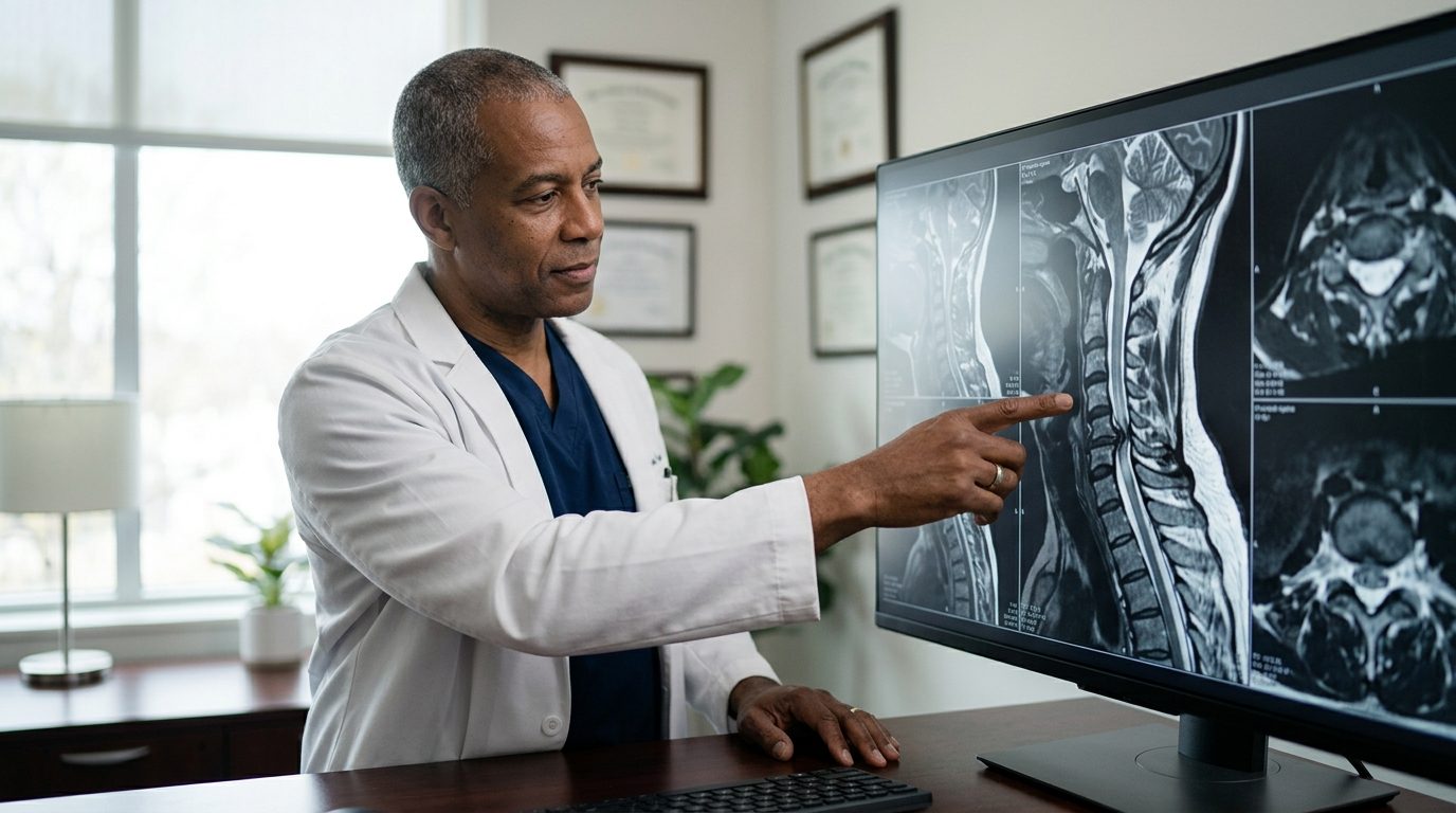 Neurosurgeon examining cervical spine MRI scan showing spinal cord injury.