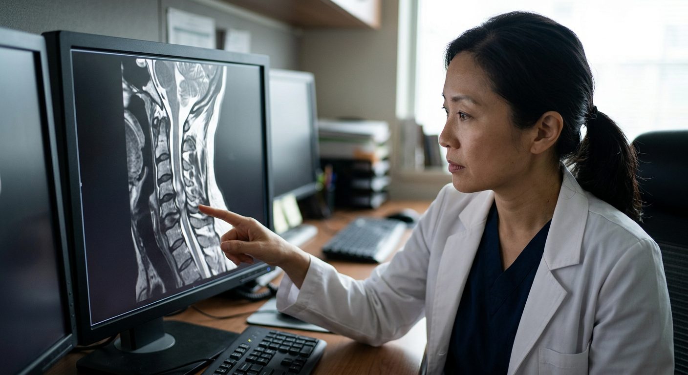 Neurosurgeon examining cervical spine MRI scan showing spinal cord injury.