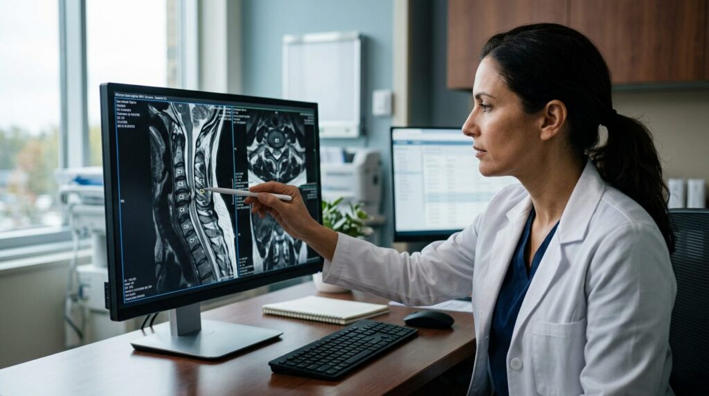 Neurosurgeon examining cervical spine MRI scan showing spinal cord injury.