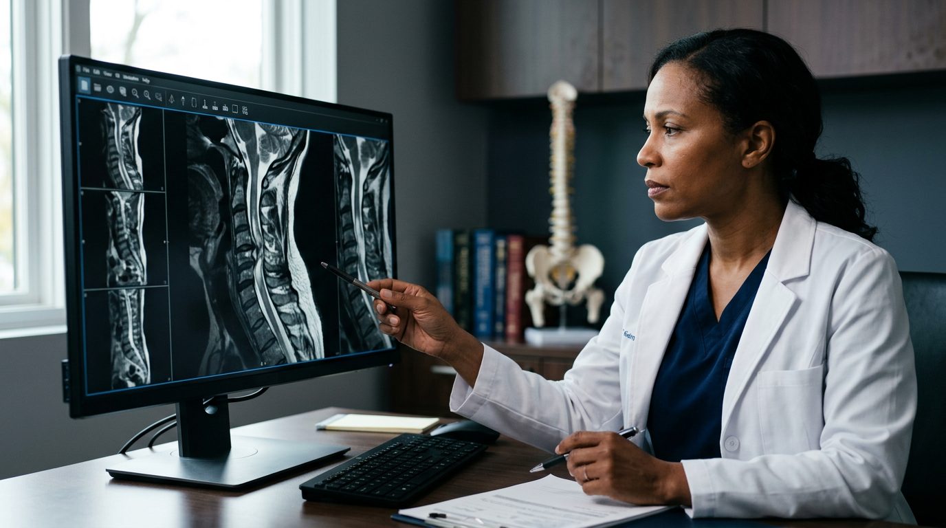 Neurosurgeon examining cervical spine MRI scan showing spinal cord injury.