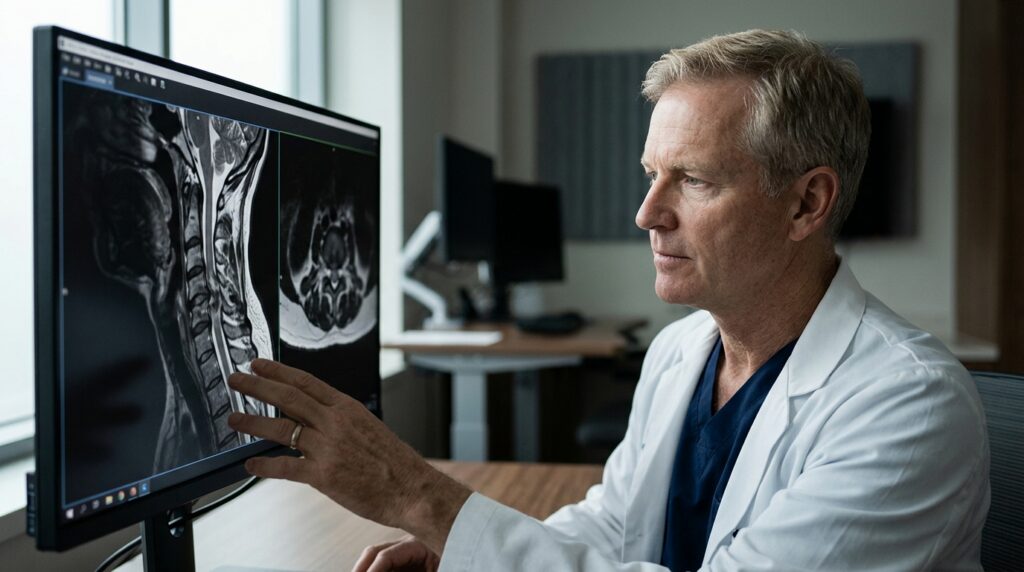 Neurosurgeon reviewing a cervical-spine MRI displaying a spinal cord injury.