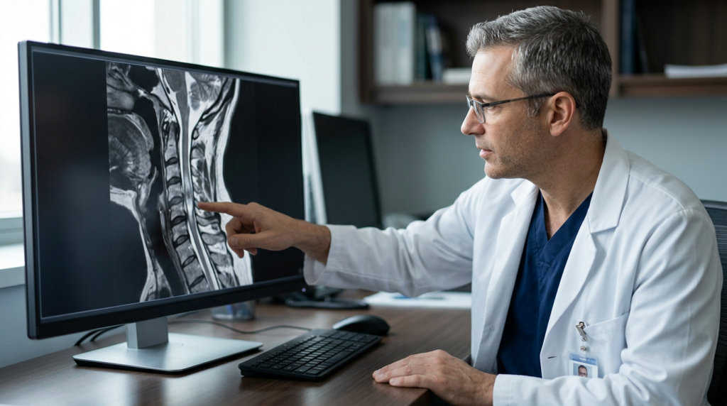 Neurosurgeon reviewing a cervical-spine MRI scan showing a spinal cord injury.
