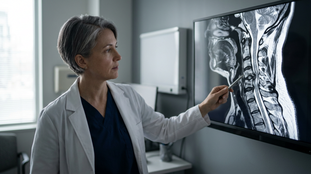 Neurosurgeon reviewing a cervical-spine MRI showing a spinal cord injury.