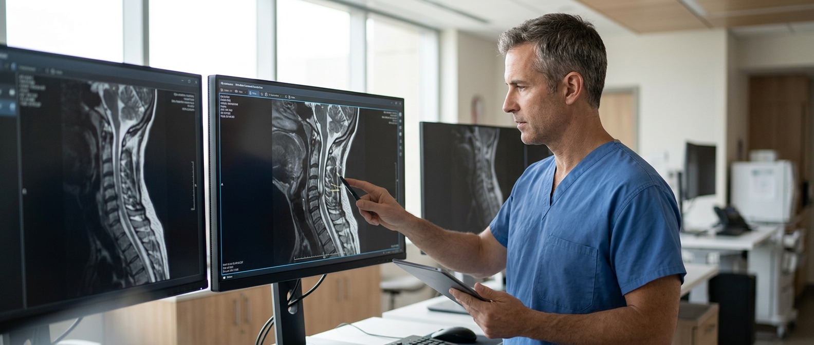 Neurosurgeon reviewing a cervical-spine MRI showing a spinal cord injury.