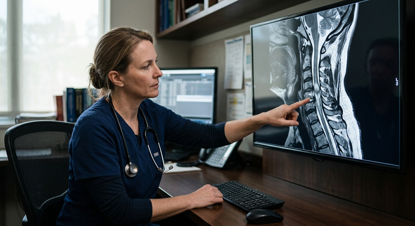 Neurosurgeon reviewing a cervical-spine MRI showing a spinal cord injury.