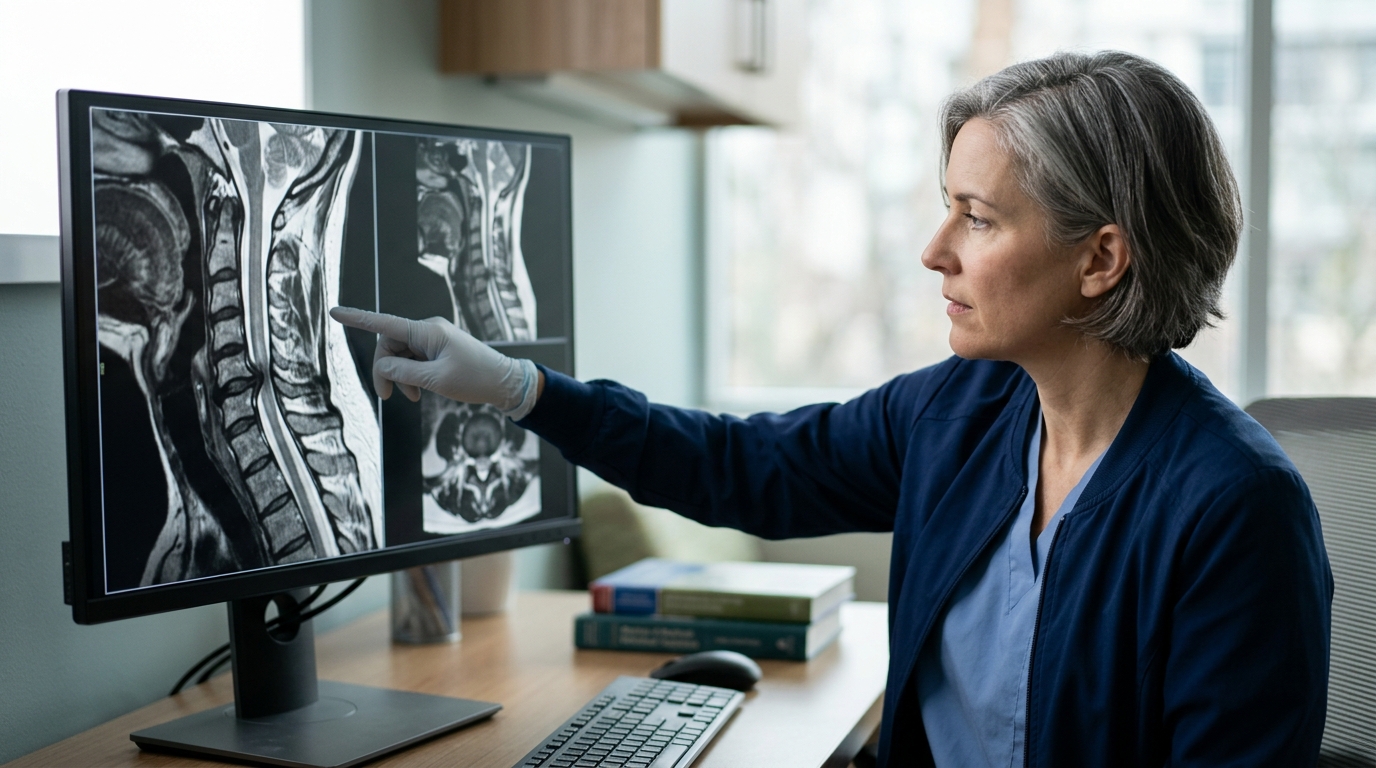 Neurosurgeon reviewing a cervical-spine MRI showing a spinal cord injury.