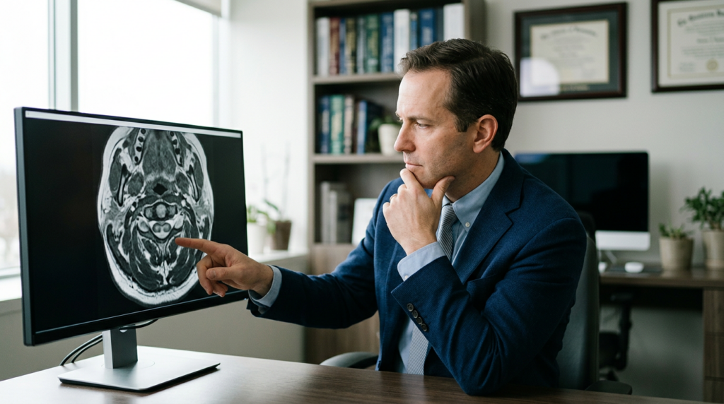 Neurosurgeon reviewing a cervical-spine MRI showing a spinal cord injury in the neck.