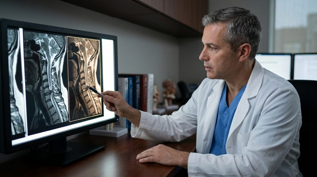 Neurosurgeon reviewing a cervical-spine MRI showing a spinal cord injury.