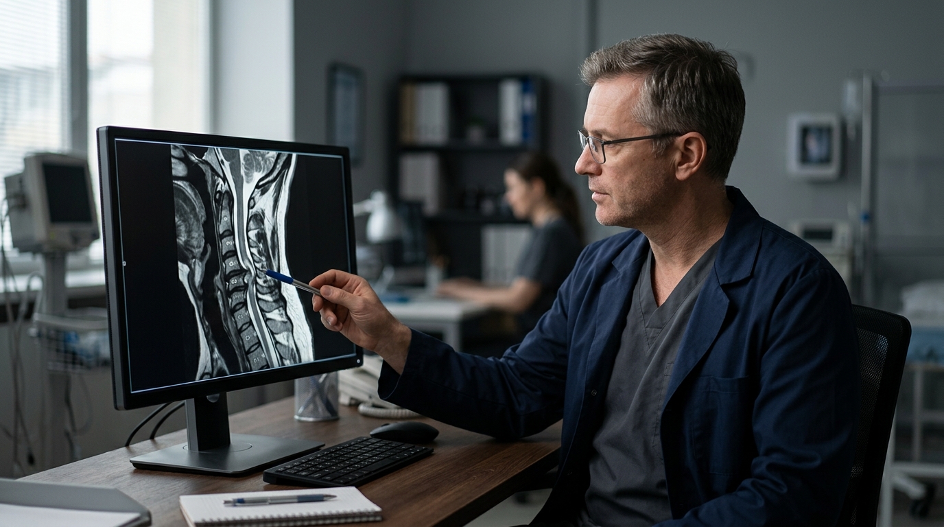 Neurosurgeon reviewing a cervical-spine MRI showing a spinal cord injury.