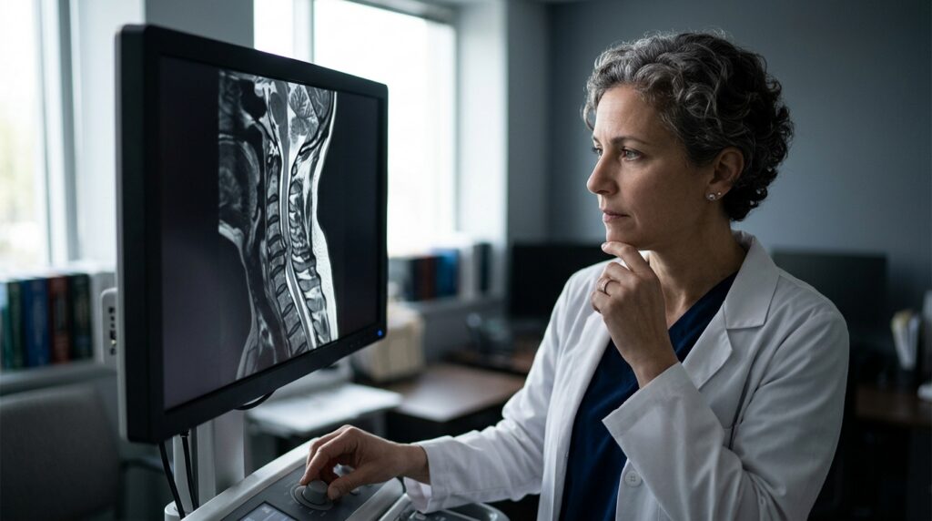 Neurosurgeon reviewing a cervical-spine MRI showing a spinal cord injury.