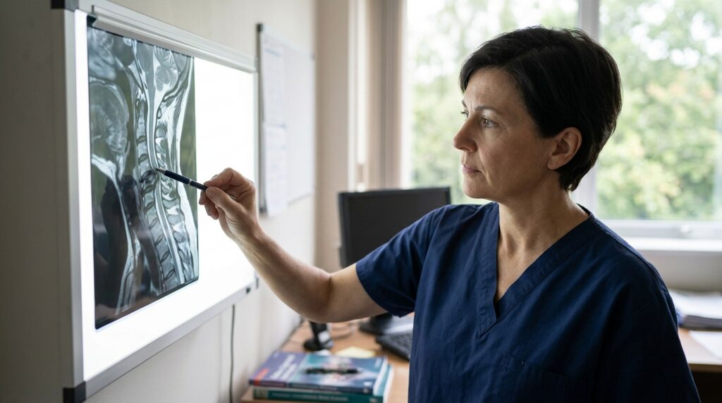 Neurosurgeon reviewing a cervical-spine MRI showing a spinal cord injury.
