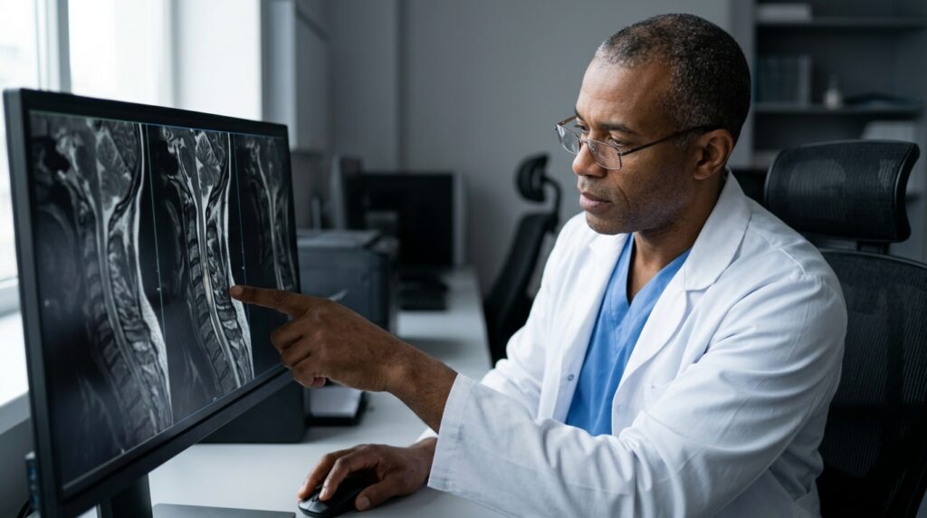 Neurosurgeon reviewing a cervical-spine MRI showing a spinal cord injury.