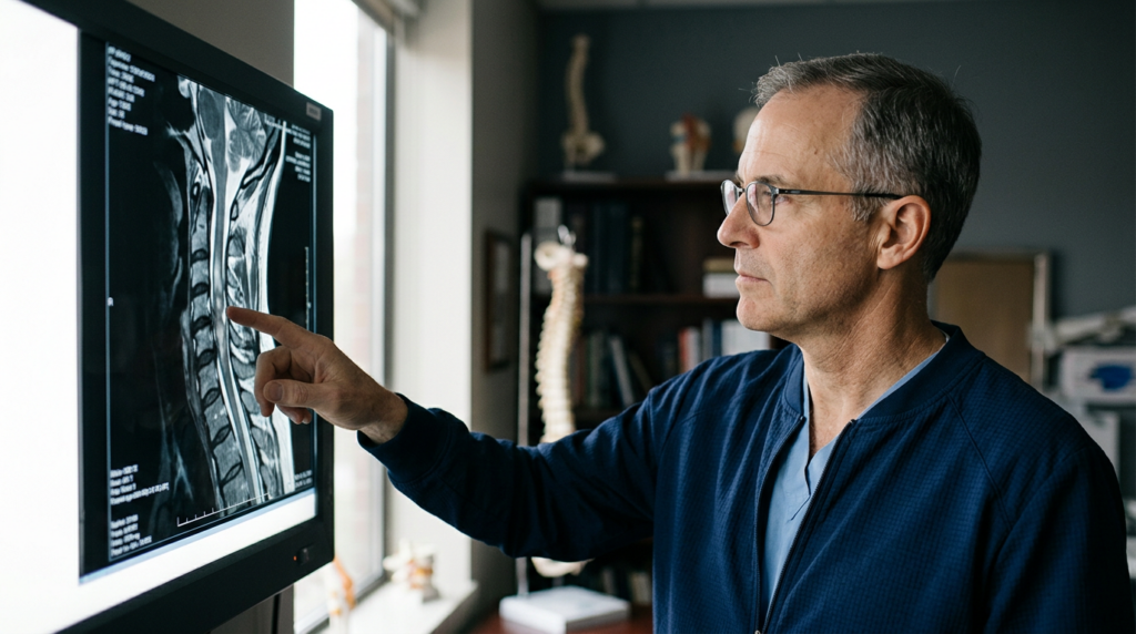Neurosurgeon reviewing a cervical-spine MRI showing a spinal cord injury.