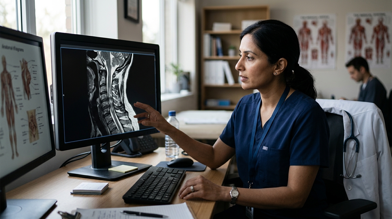 Neurosurgeon reviewing a cervical-spine MRI showing a spinal cord injury.