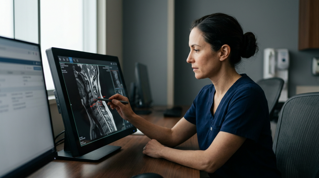 Neurosurgeon reviewing a cervical-spine MRI showing a spinal cord injury.